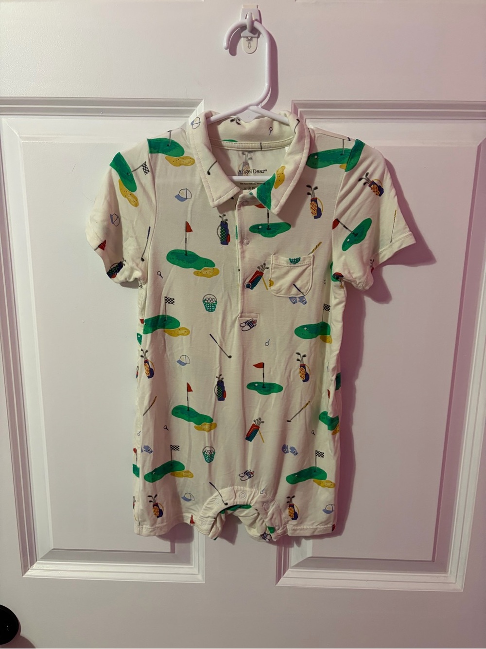 Angel Dear Pink Baby Polo Romper with Green Accents